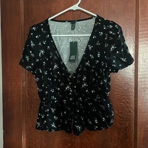 Black floral button down peplum top
